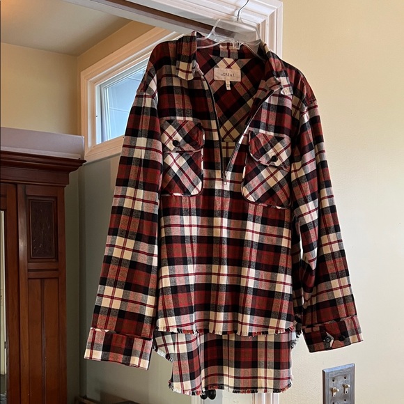 THE GREAT. Tops - The GREAT Plaid half zip high low top Shirt